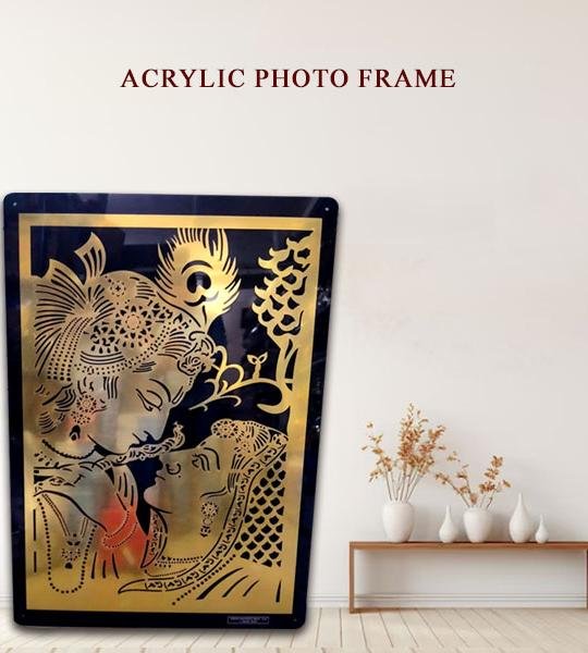 Acrylic Photo Frame of Lord Krishna with Golden Elegance